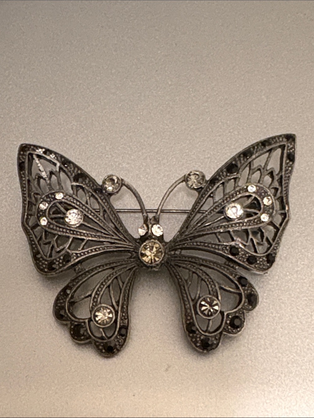 Vintage Butterfly Pin with Clear Crystals Dk Silvertone